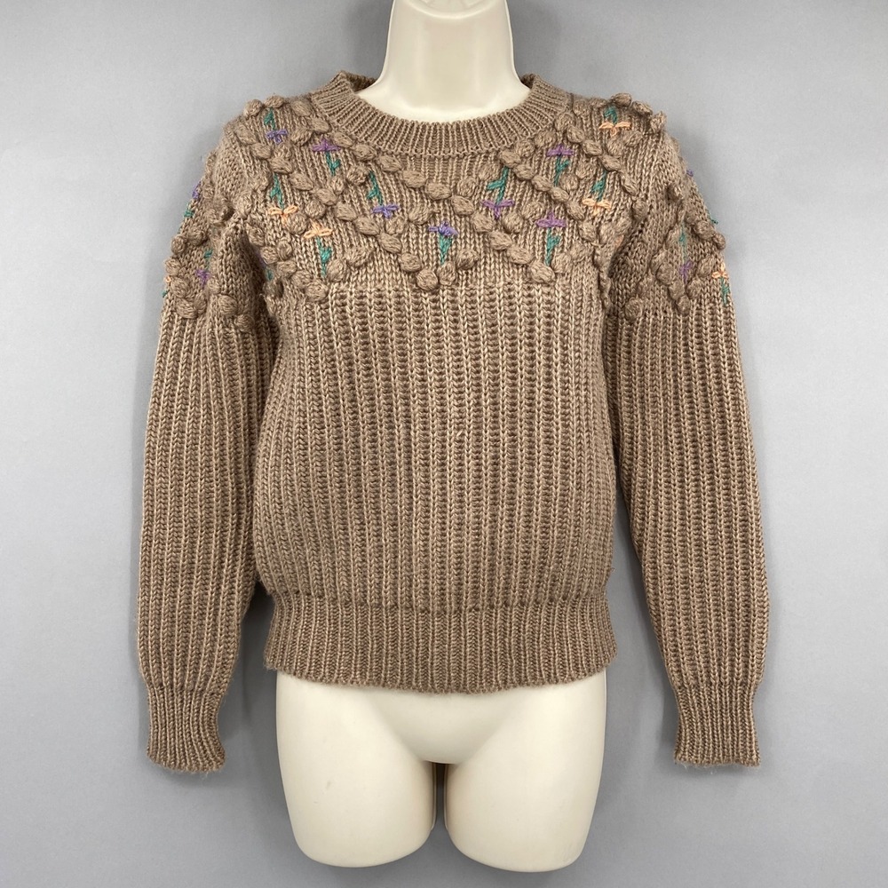 Vtg 80s Three Feet Off Sweater Womens Medium Floral Embroidered Popcorn Knit Tan